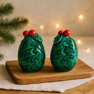 Vintage Lefton Holly Salt Pepper Shakers Green Ceramic Christmas Holiday Set
